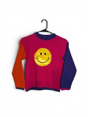 Vintage Kids Colorblock Smiley Knit Sweater - Pink, Orange & Purple